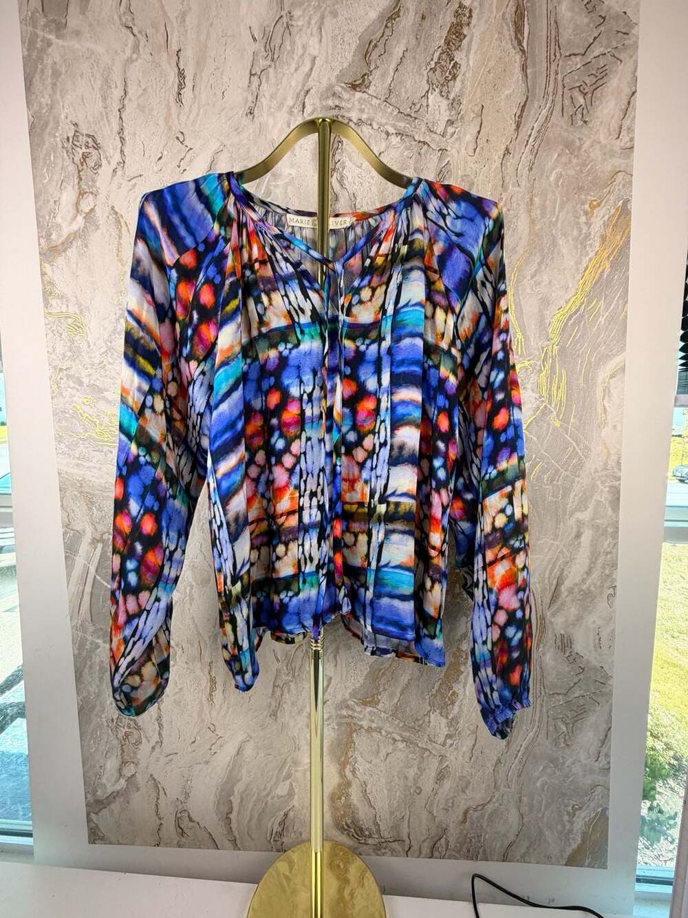 Marie Oliver Silk Tie-Neck Long Sleeve Blouse Size XS Multi-Color Abstract Print